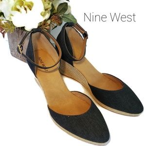 Nine West Wedge Sandals Blue Woven Heel Like New